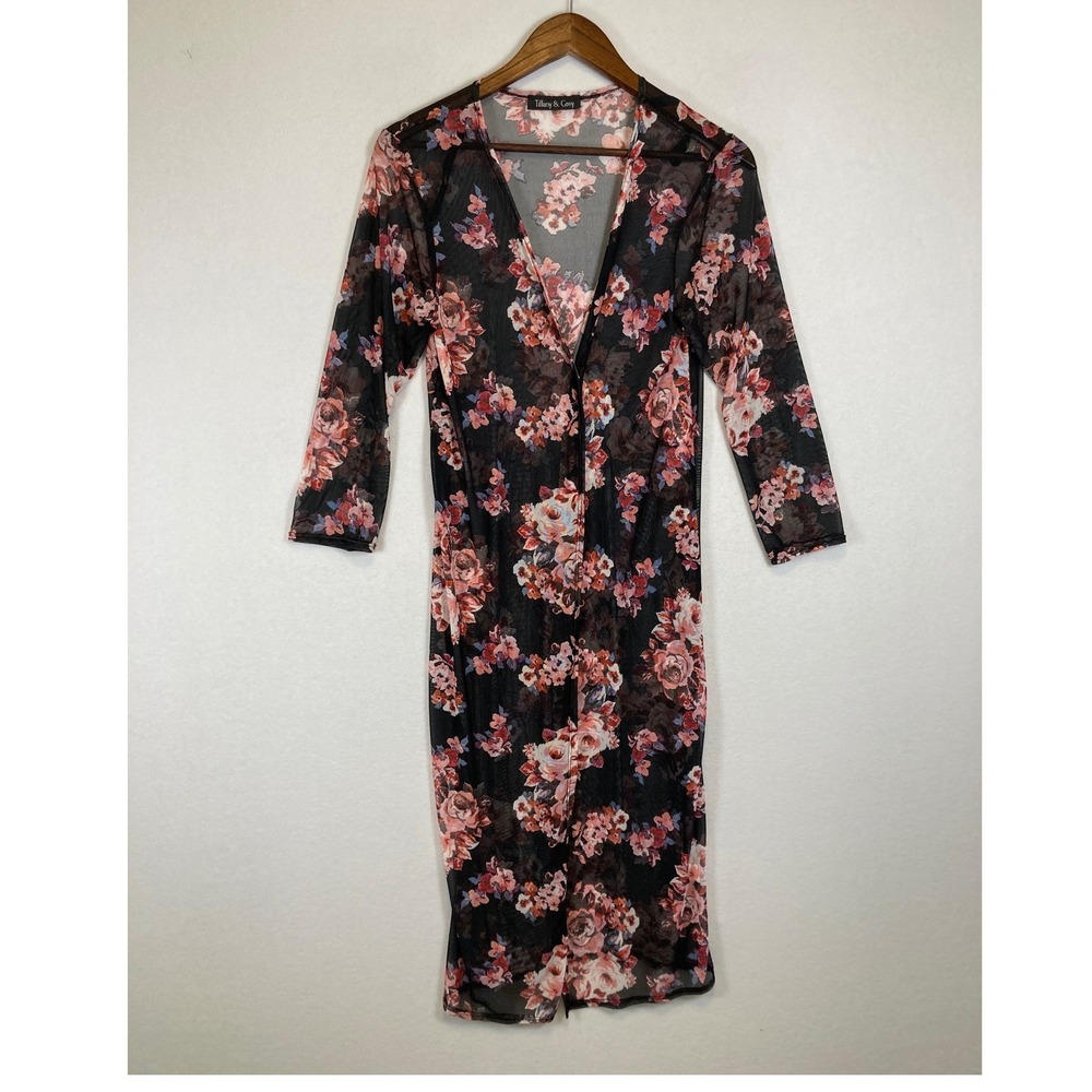 Floral Boho Tiffany & Grey Women‎ Sm Black Mesh Sheer Open Front Duster Cardigan